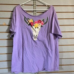 Womens Graphic Tee Purple Bull Skull Floral Short Sleeve‎ T-Shirt 2X 3X